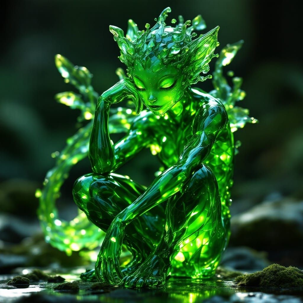Elegant Dark Lime Green Glass Nature Sprite Statue in Soft F...