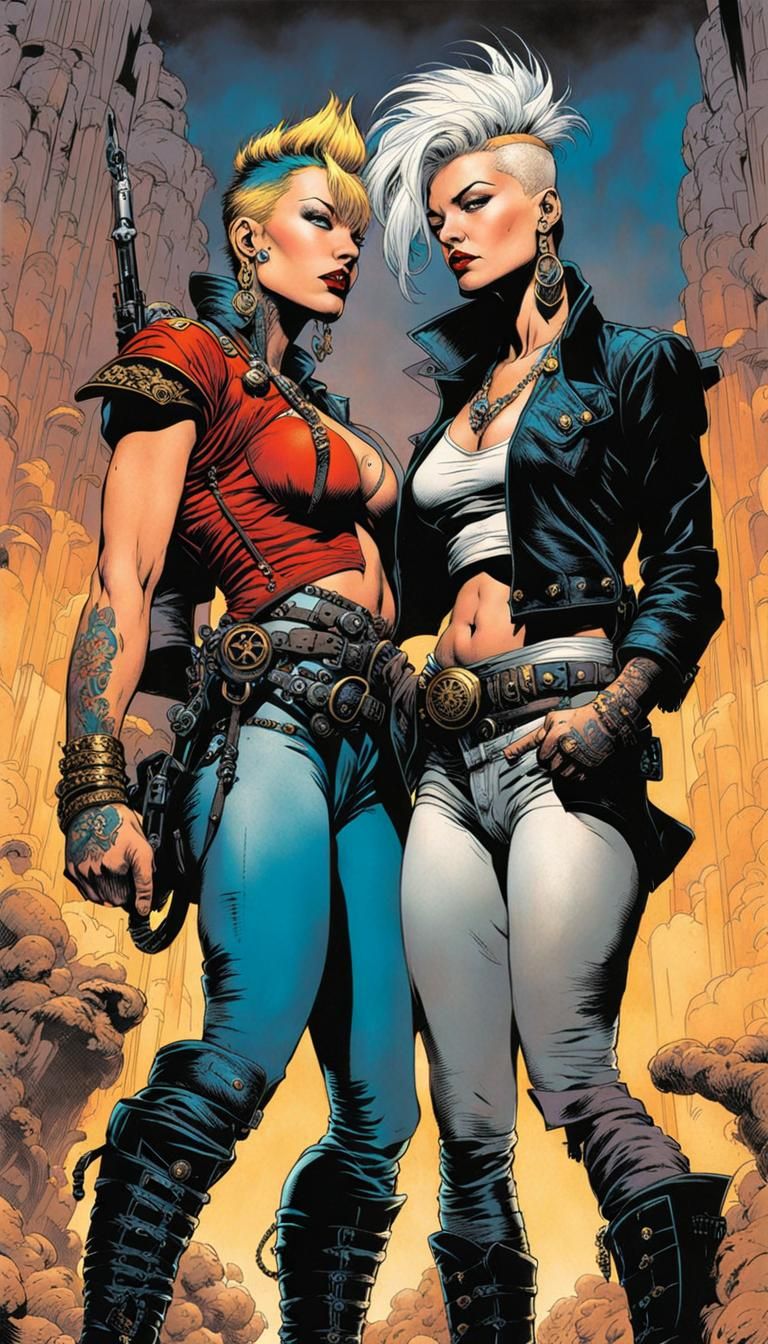 Grunge Lesbian Warriors Portrait in Comic Book Style