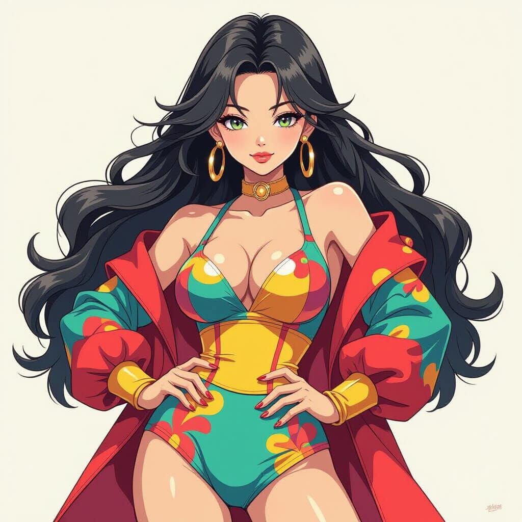 Anime Woman in Vibrant Outfit, Bold Lines