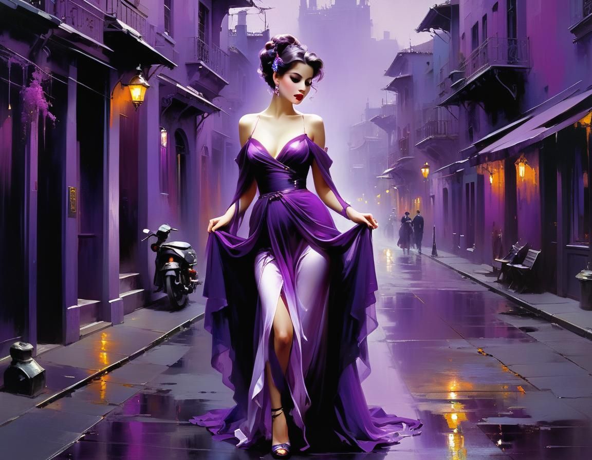 Translucent Woman in Purple Monochromatic Street Scene