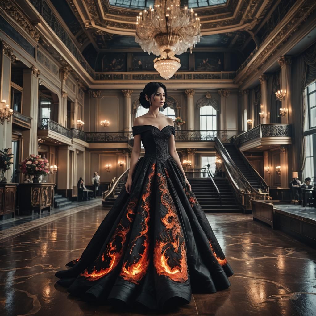 Lava Dress in Ballroom: Hyperrealistic Image