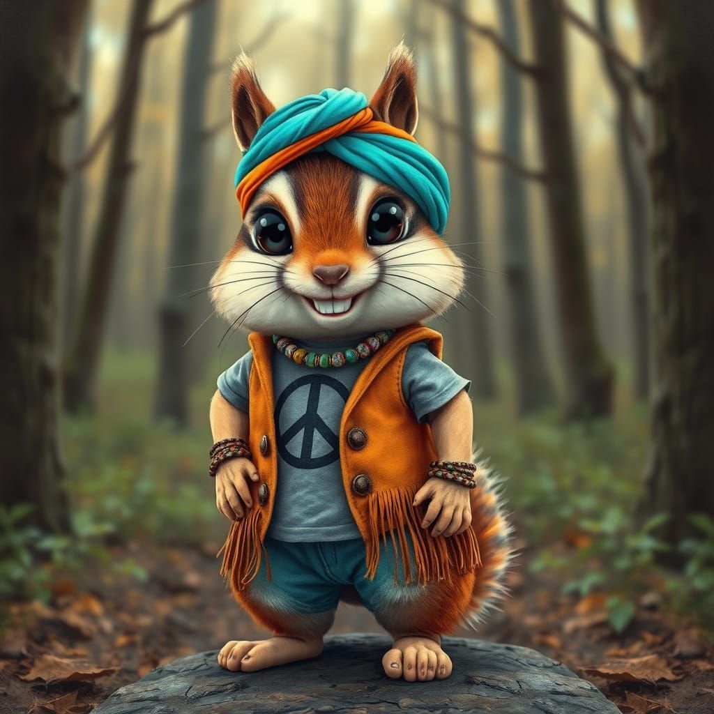 Chipmunk Portrait in Forest, Illustrative Style
