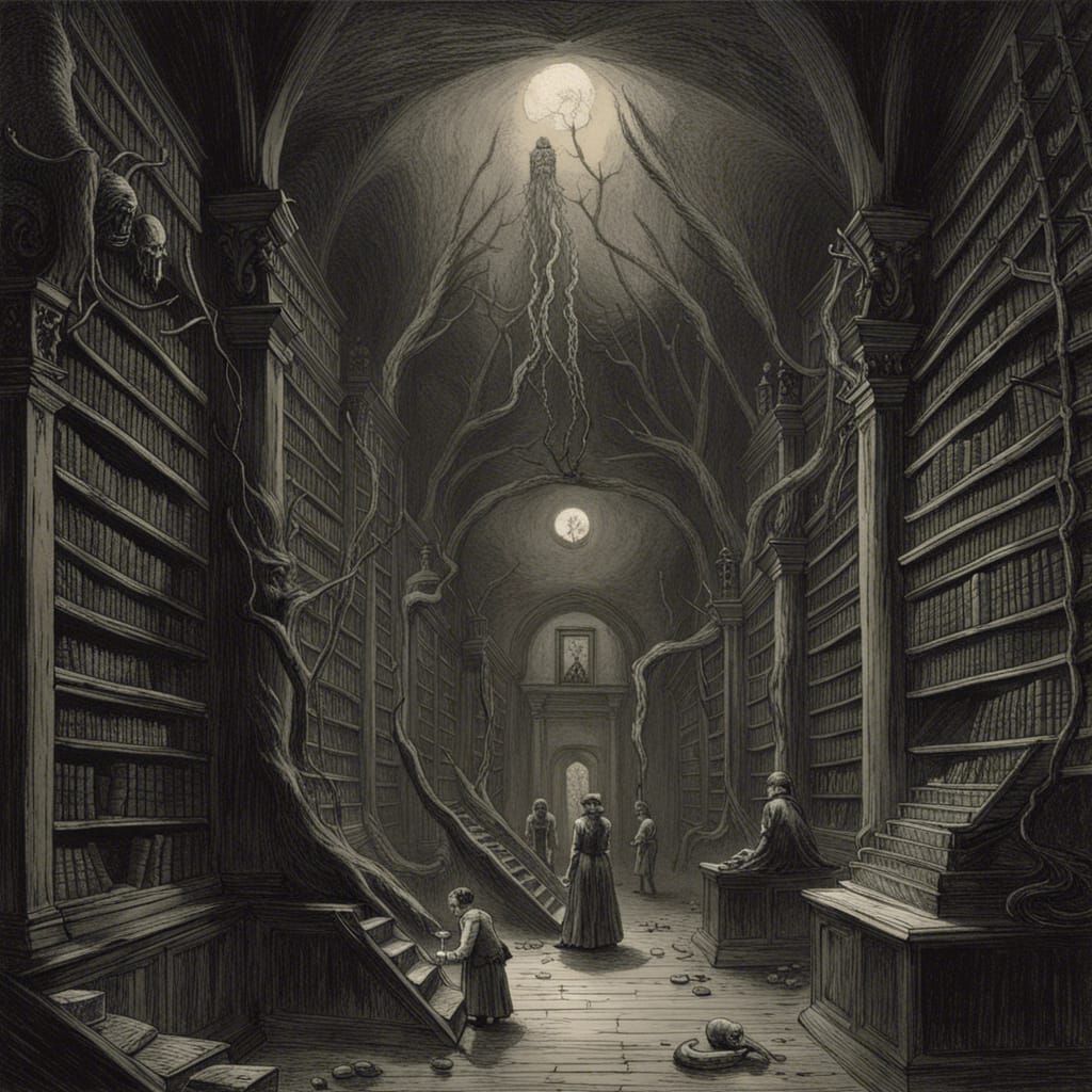 Horror Library of Lost Souls in Engraving Style