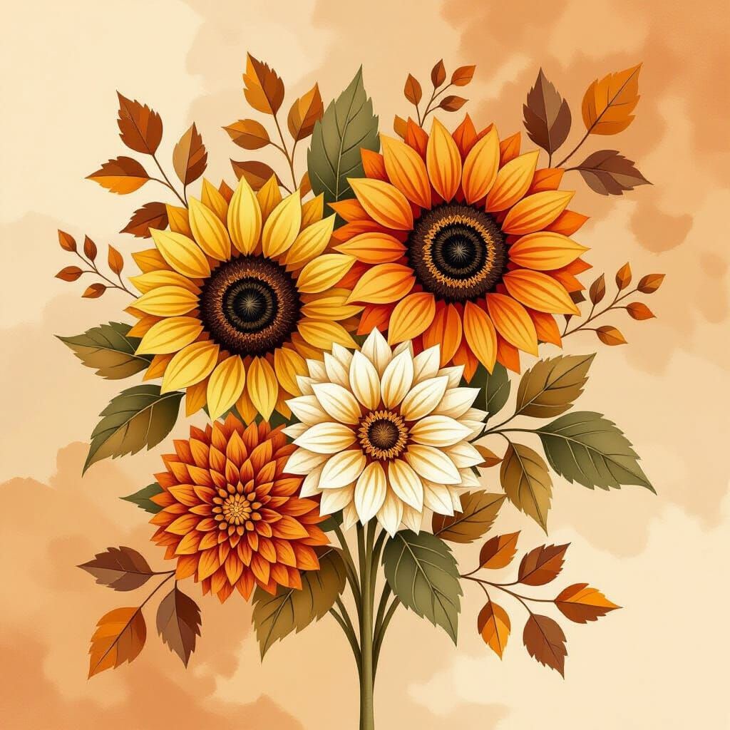 Autumn Floral Illustration with Elegant Flowers and Leaves