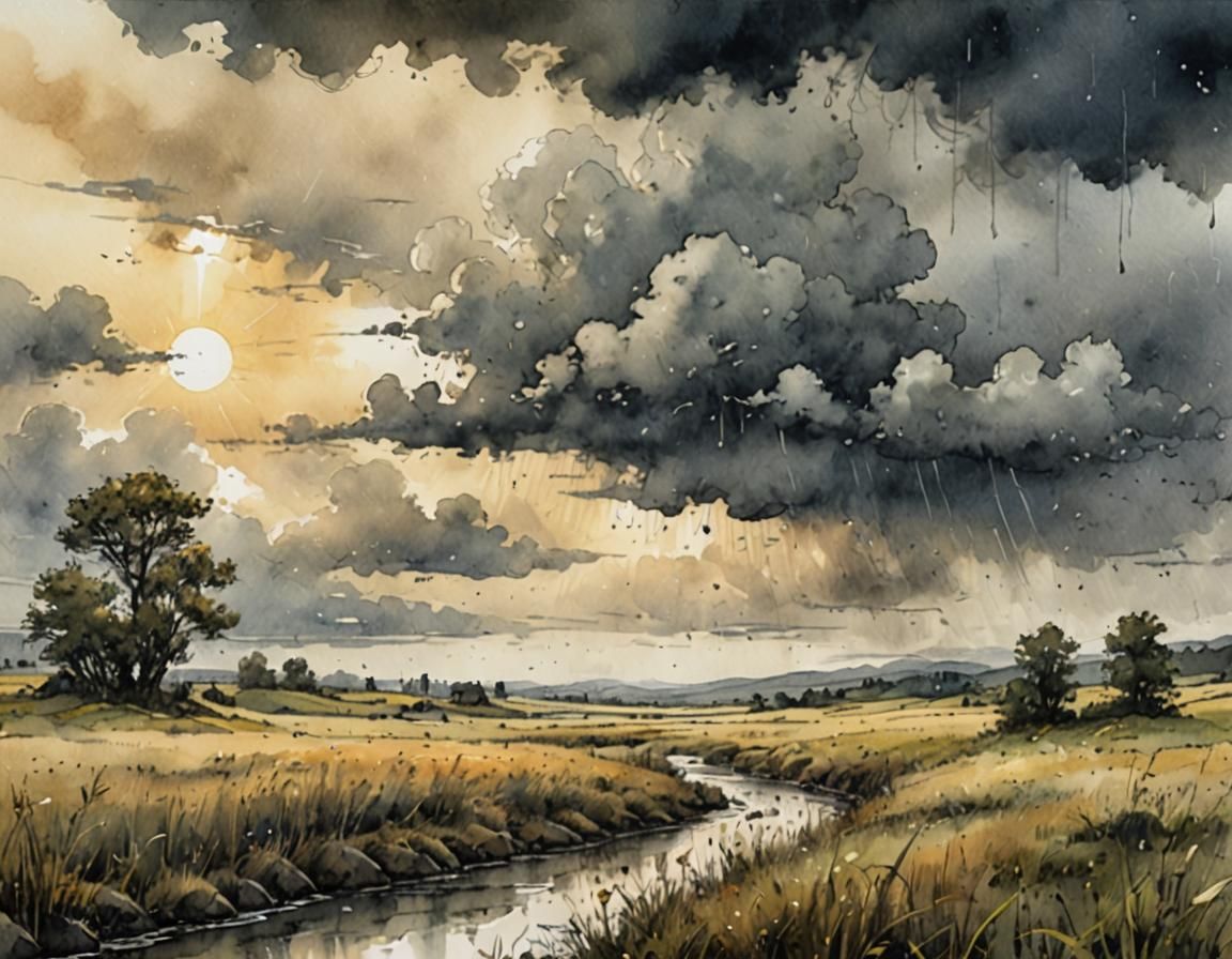 Post-Rain Landscape in Watercolor and Ink Style