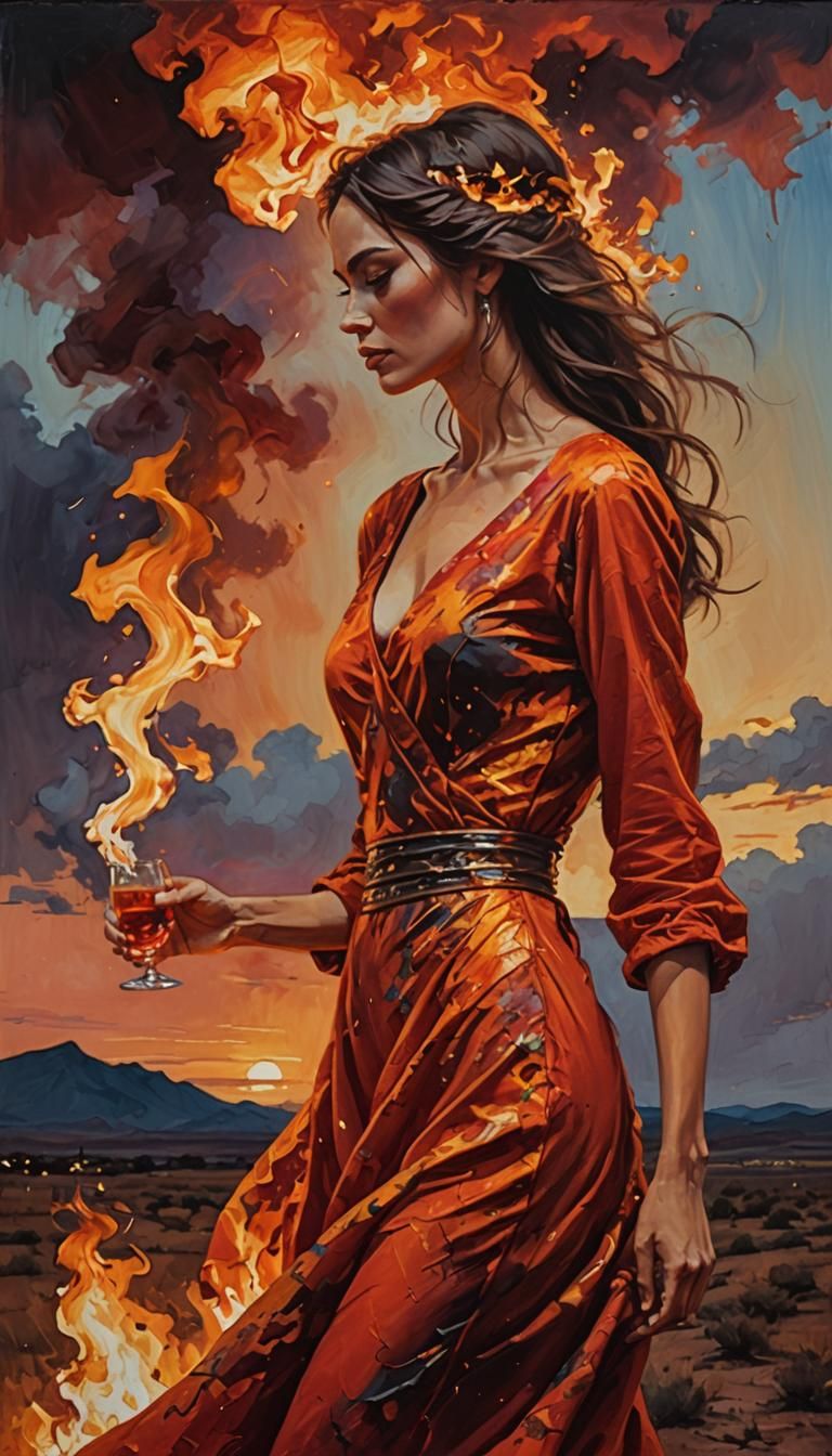 Woman in Dress of Fire, Alcohol Painting