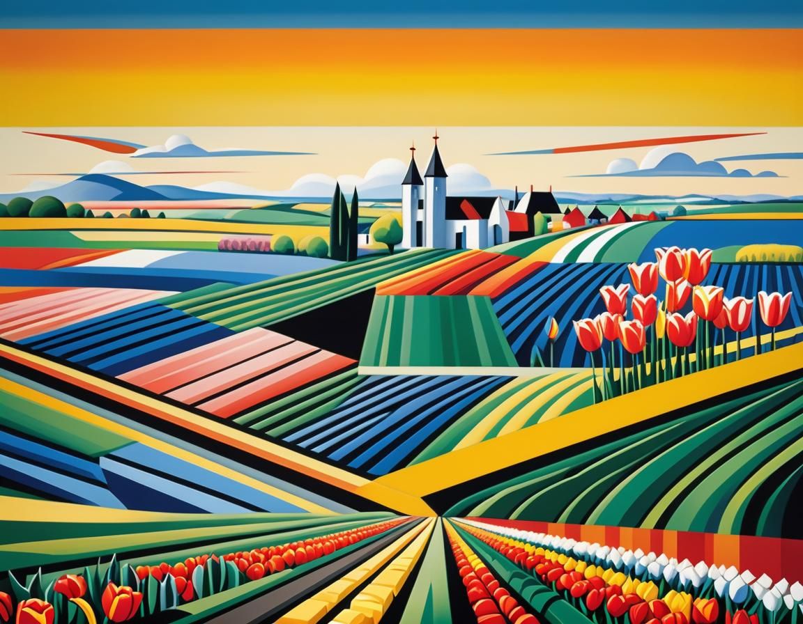 Tulips in Geometric Neo-Cubist Dutch Landscape