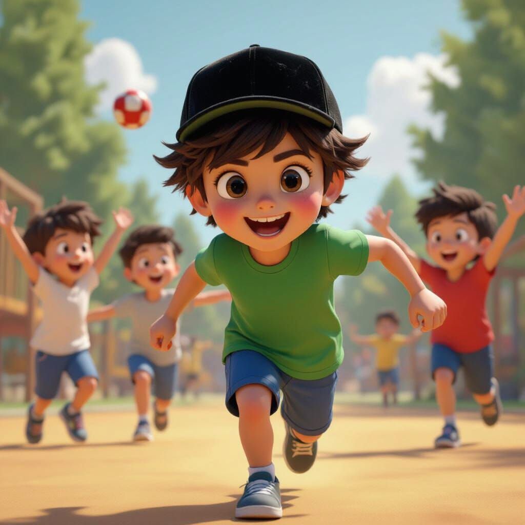 Boy Chasing Ball, Vivid 3D Cinematic Style
