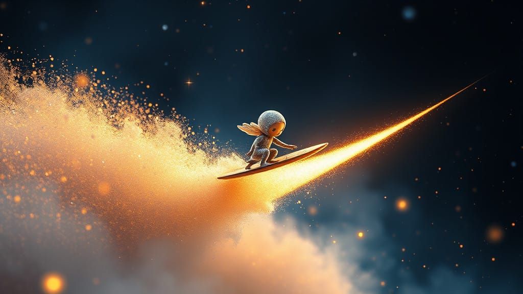 Kawaii Surfer Dances on Stardust in Shimmering Silver and Go...