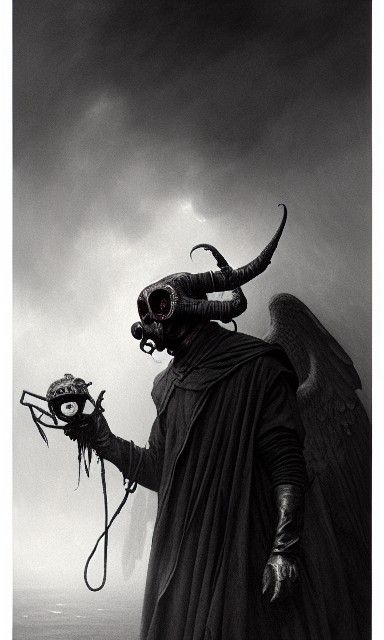 Sinister Satan Portrait with Tengu Mask in Charcoal