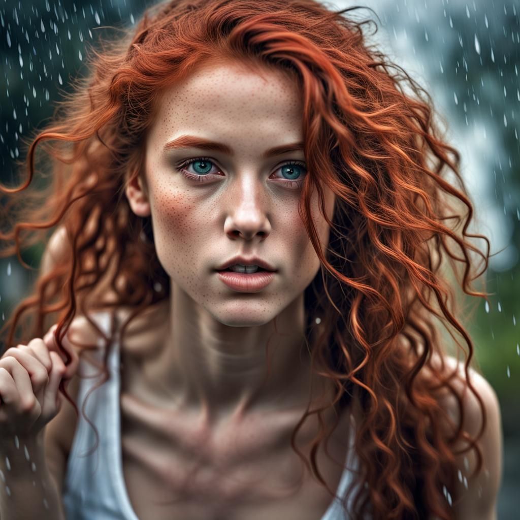 Beautiful Girl with Red Hair and Tears in Rain