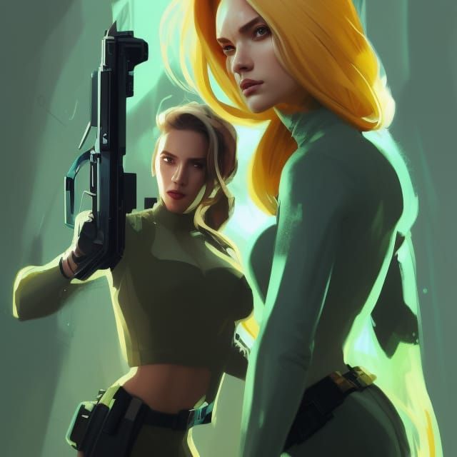 Blonde Super Spy in Action Painting Style