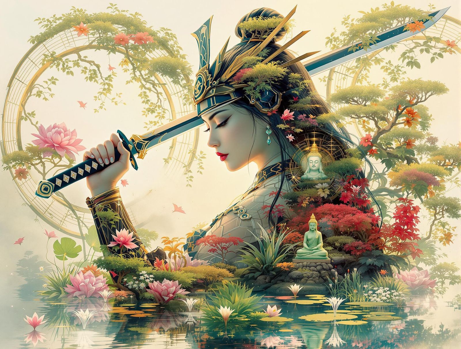Samurai and Serenity: A Double Exposure Art Nouveau Fusion