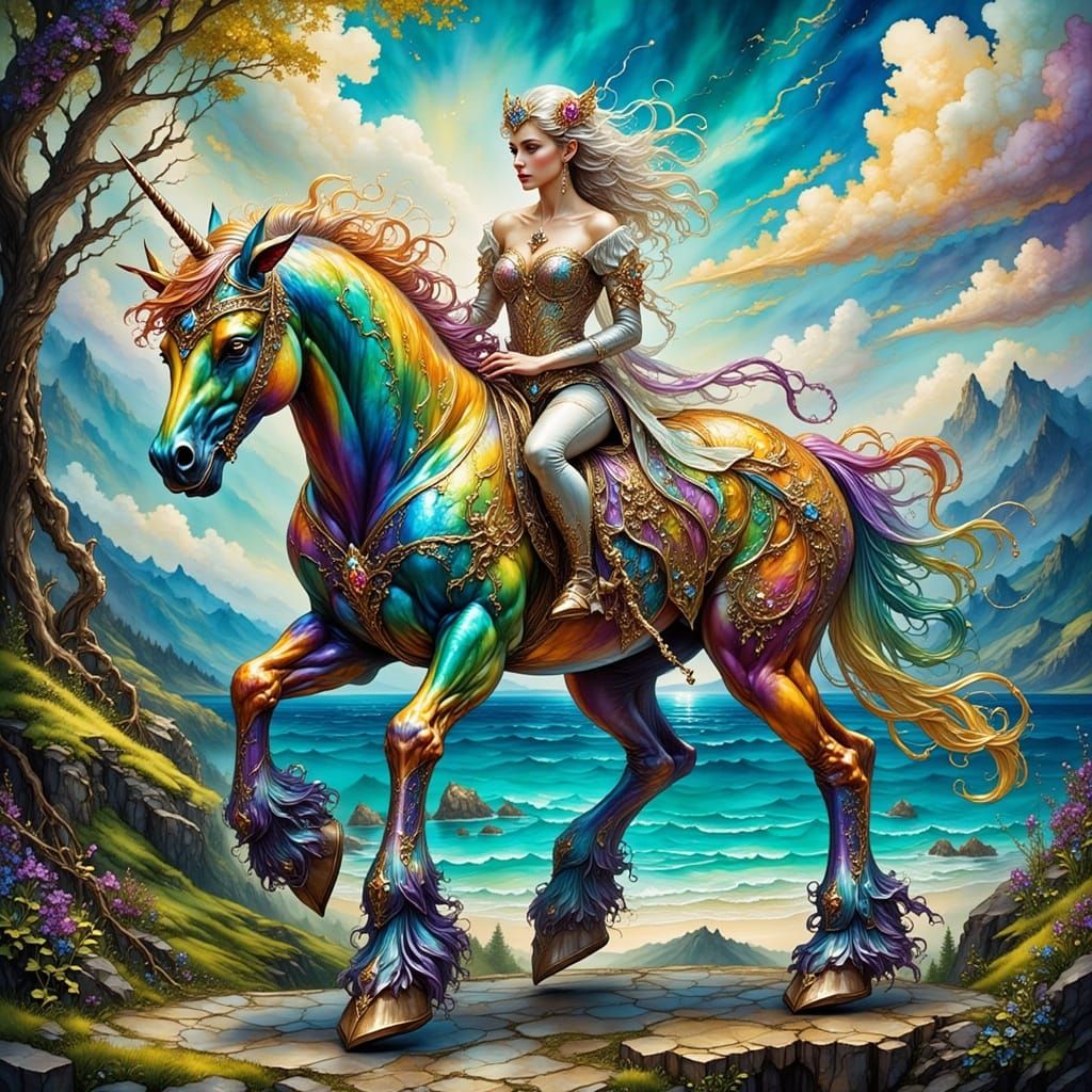 Elf on Rainbow Unicorn in Epic Fantasy Style