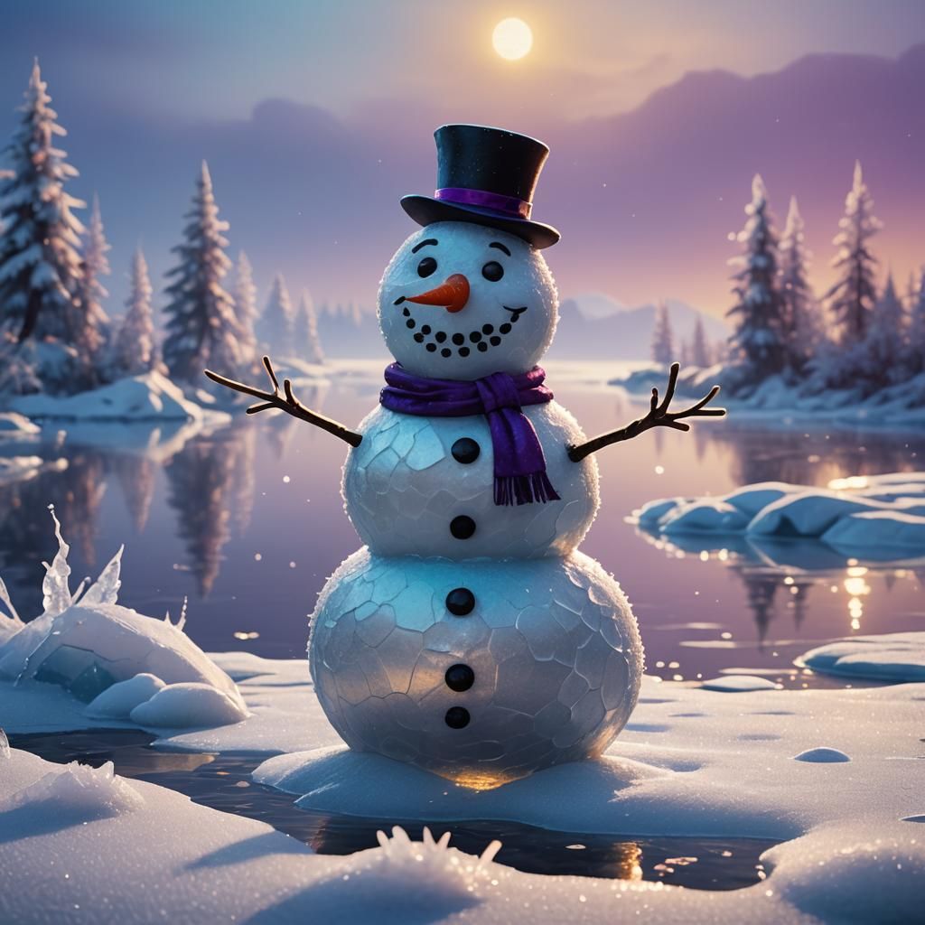 Snowman on Frozen Lake in Vibrant Cartoon Art