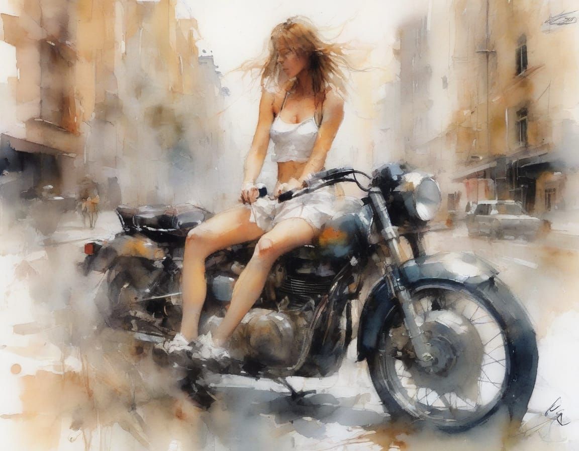 Girl on Motorcycle in Expressive Watercolor Style