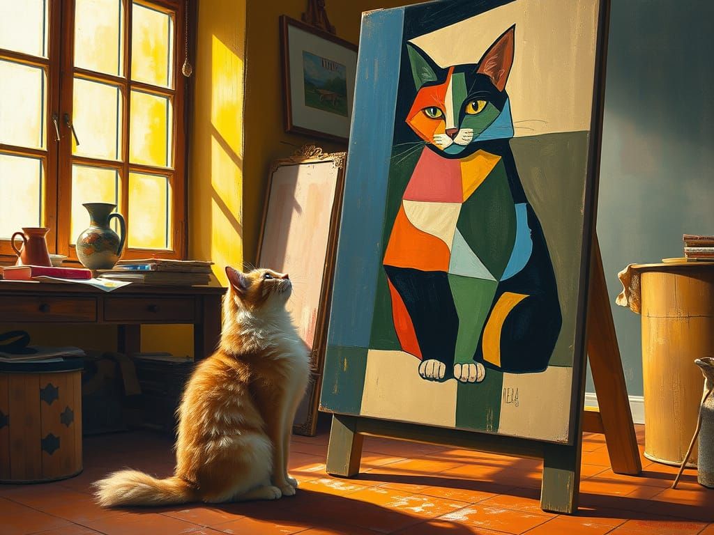 Cat Gazes at Cubist Self-Portrait in Artist's Studio