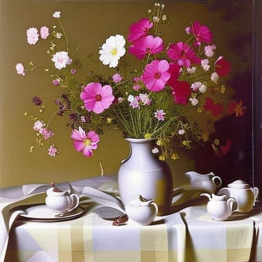 Cosmos Flowers in Cottage Kitchen, Bauernmalerei