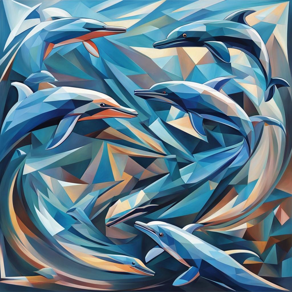 Dolphins Playing: Abstract Cubism in Geometric Fauvism
