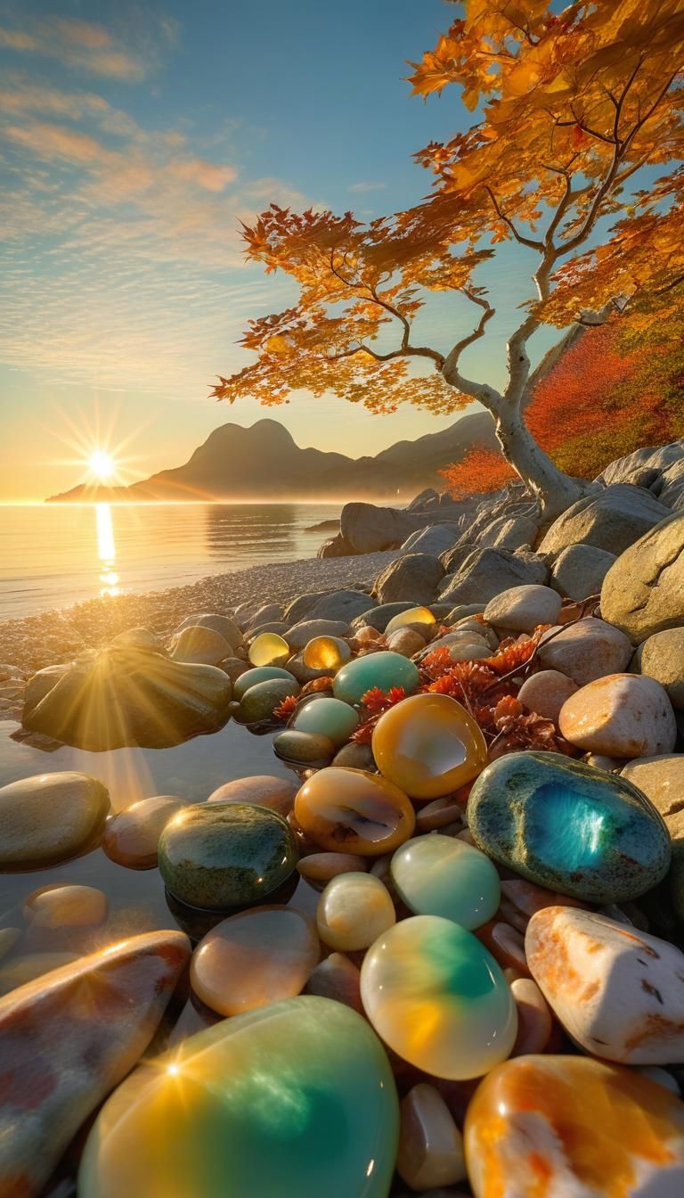 Surreal Golden Shore at Dawn with Whimsical Sunrise