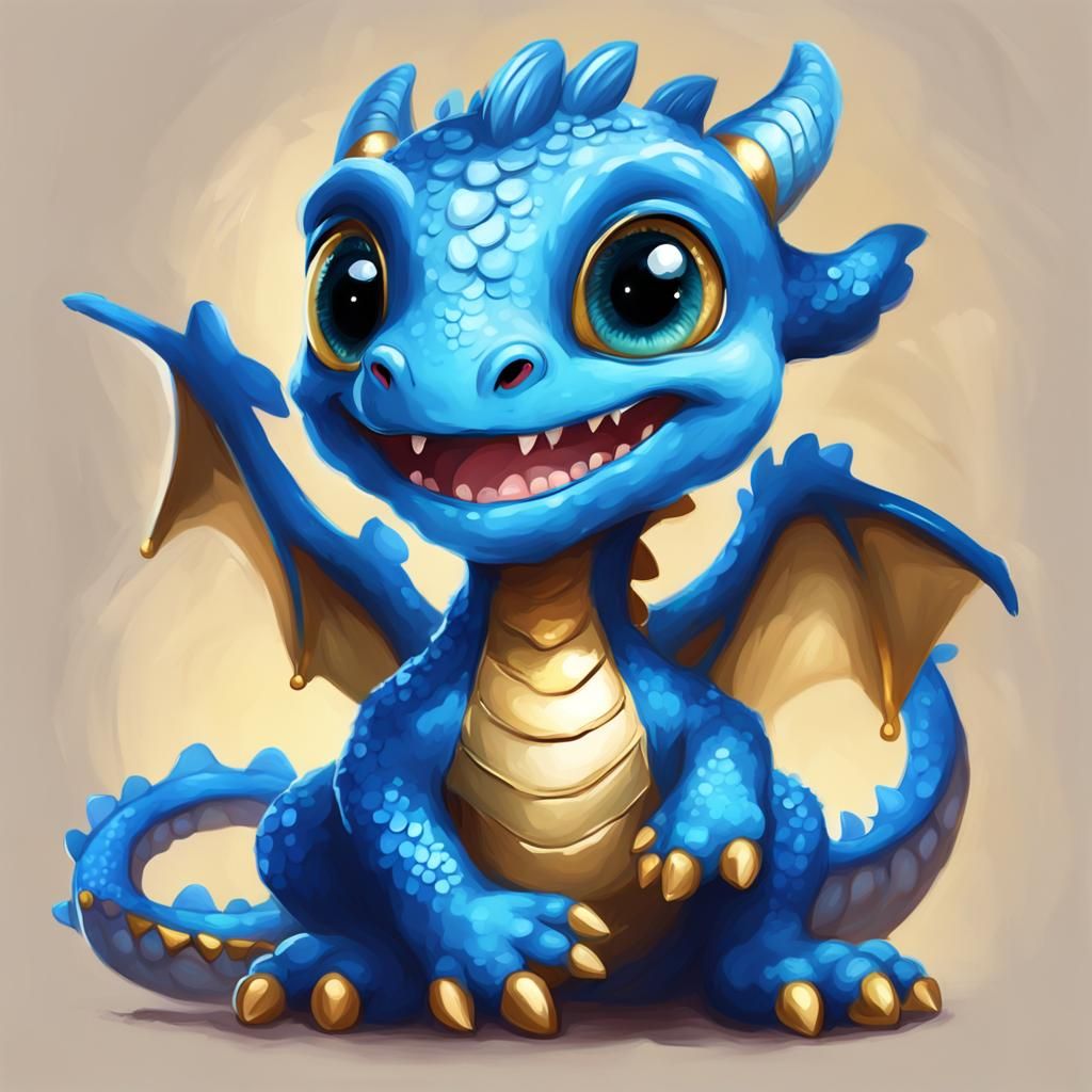 Cute Blue Baby Dragon Digital Painting