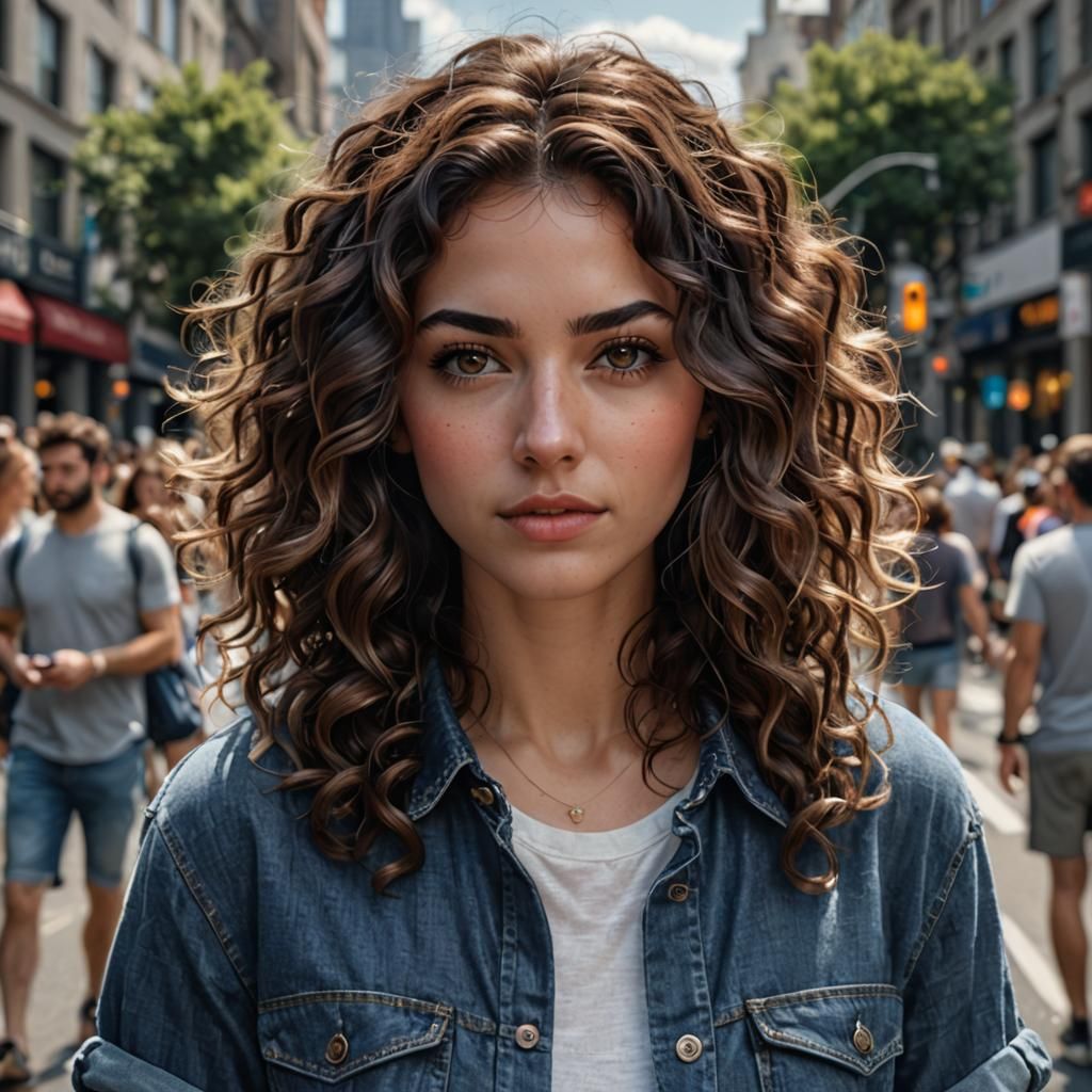 Beautiful Woman with Curly Hair in City Street