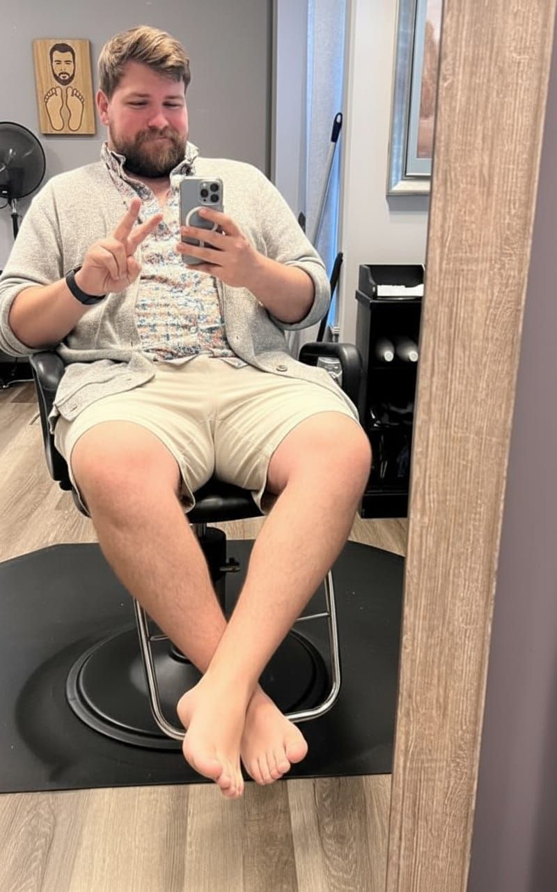 Barefoot Man Displays Soles with Plaque Portrait