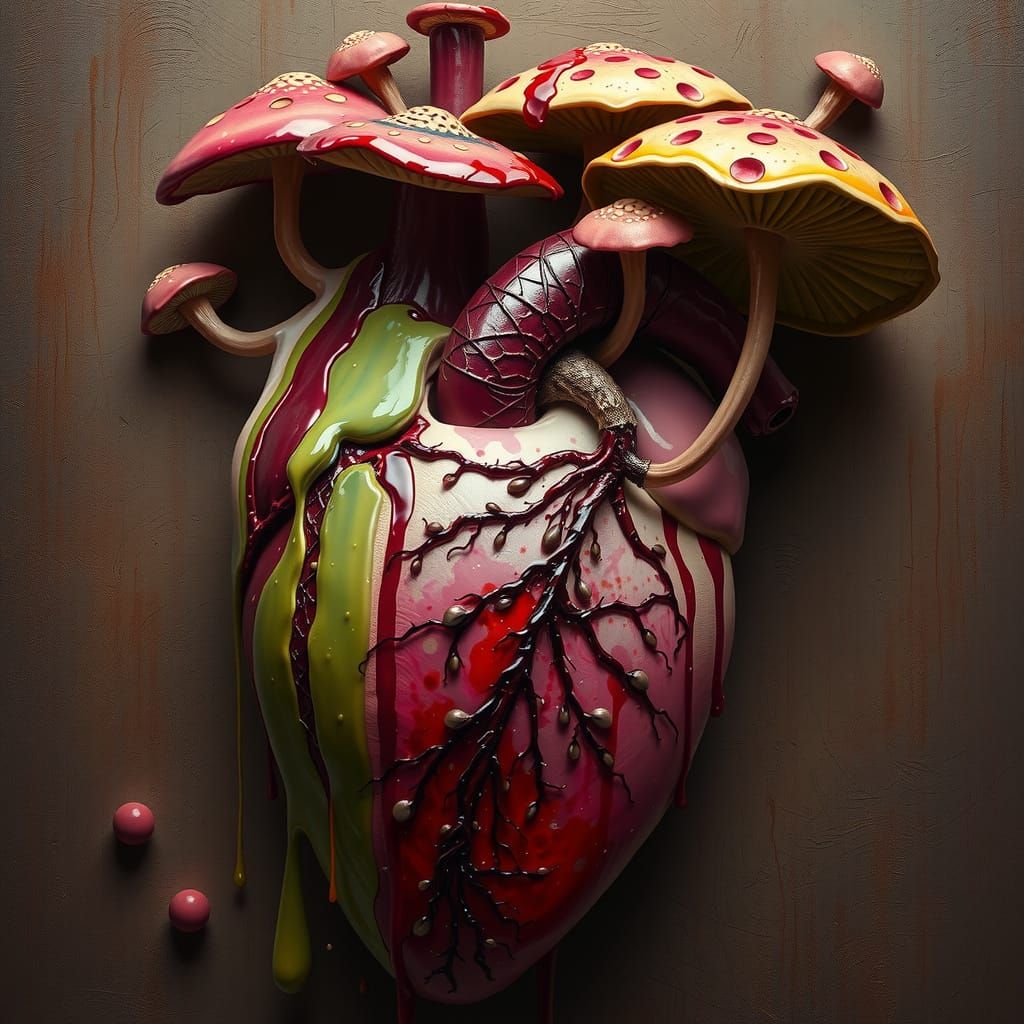 Realistic Fantasy Heart Covered in Psychedelic Mushrooms