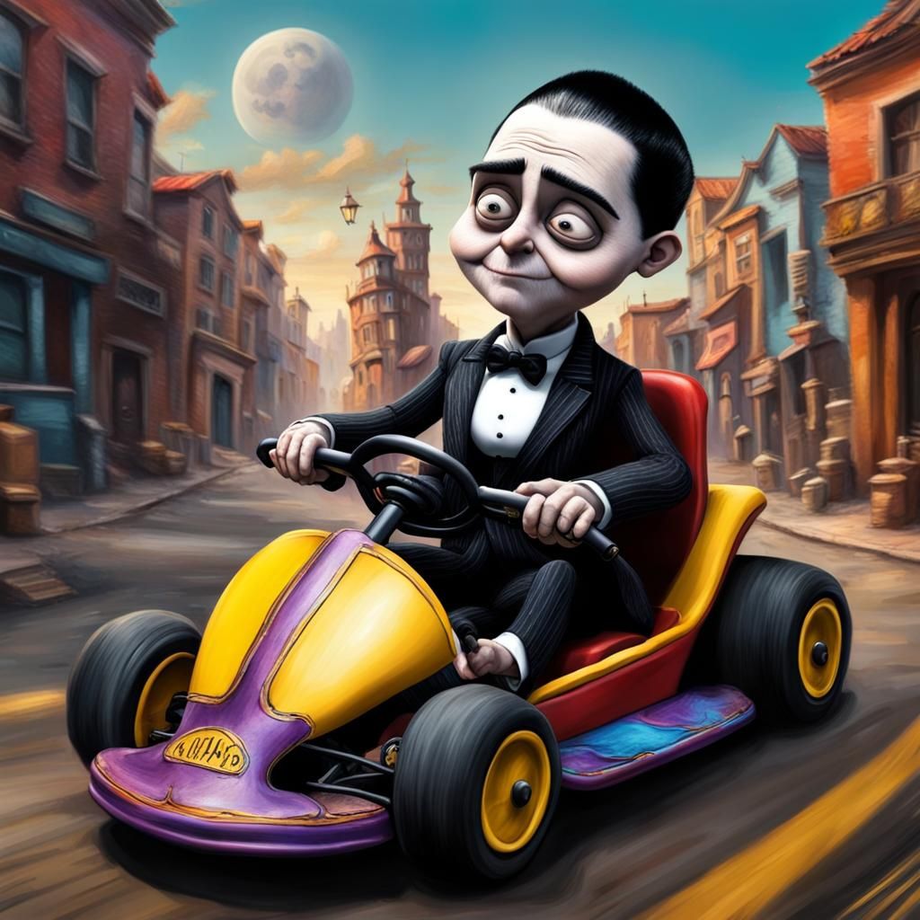 Wandinha Addams Races Go-Kart in Colorful Scene