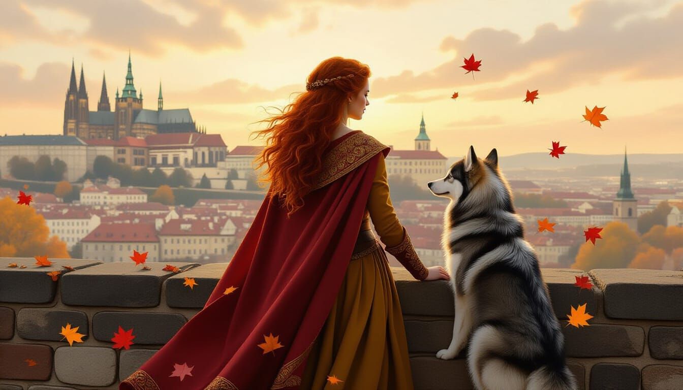 Medieval Woman in Autumn Wind with Pets