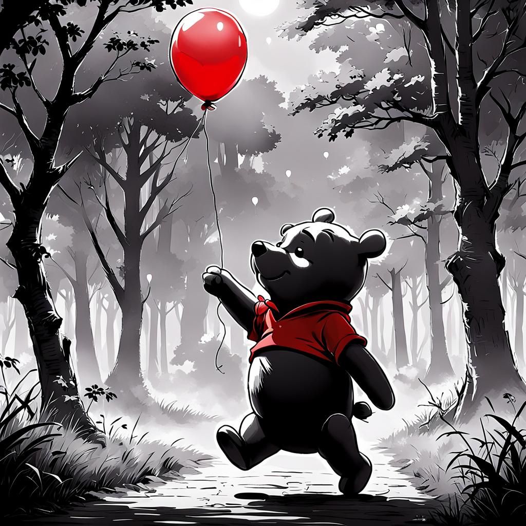 Winnie the Pooh with Red Balloon in Anime Style