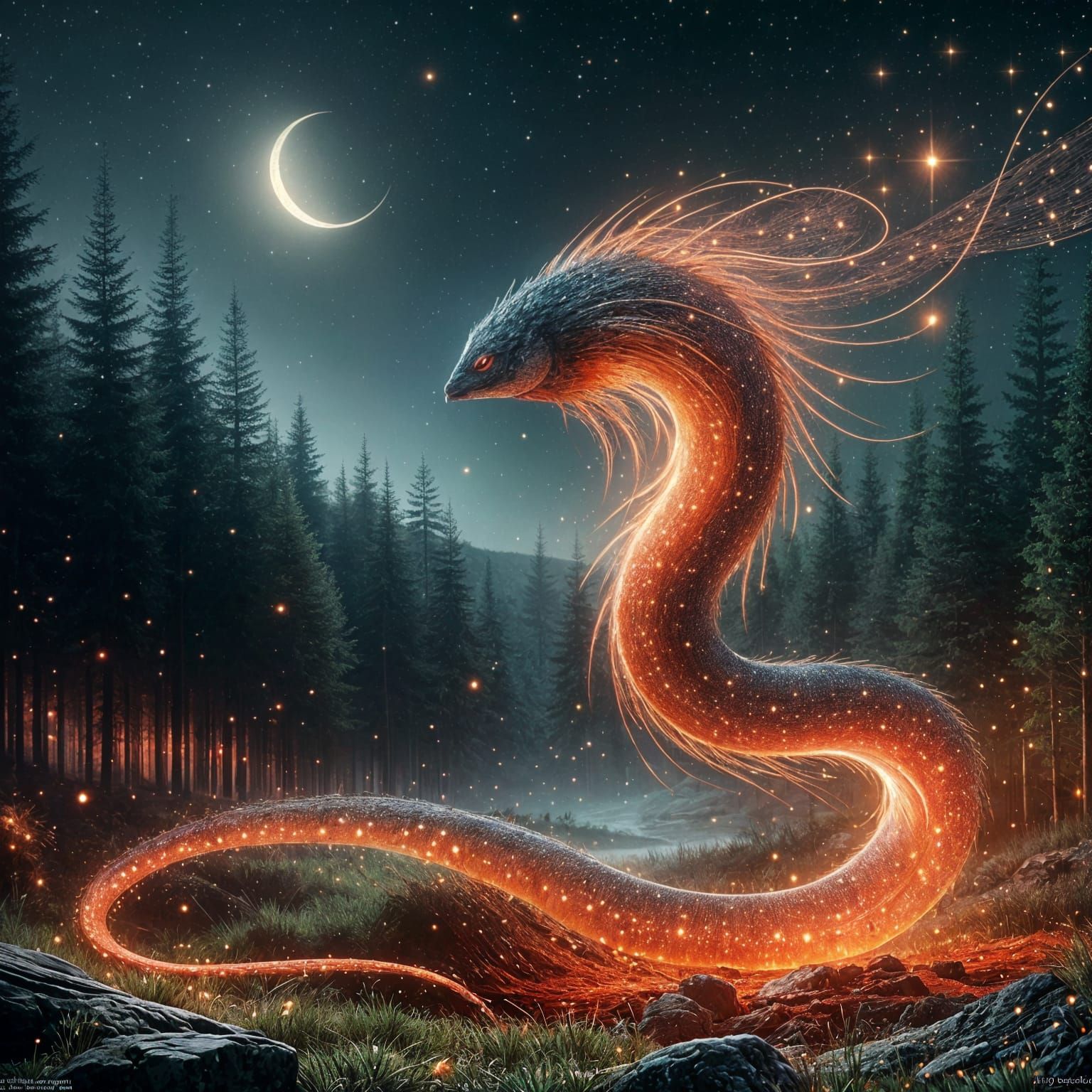 Glowing Eel-Creature in Moonlit Forest