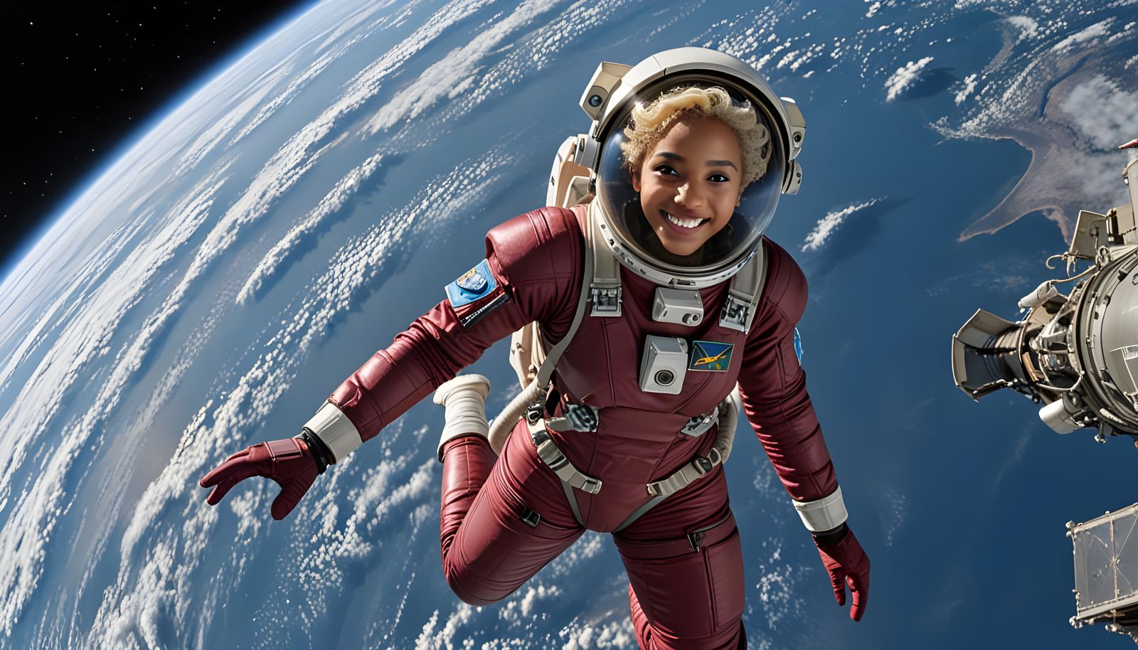 Mauritanian Astronaut in Burgundy Spacesuit Smiles in Zero G...