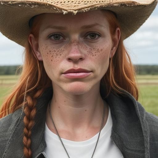 Freckled Farm Girl in Cowboy Hat Portrait