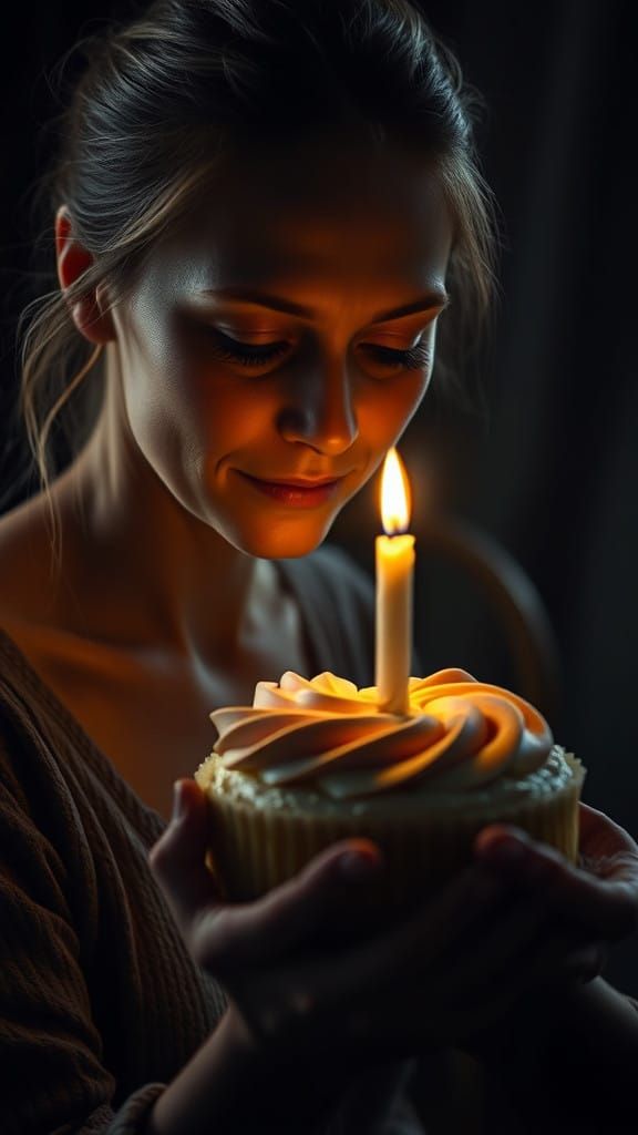 Woman Contemplating Cake in Soft, Ethereal Light