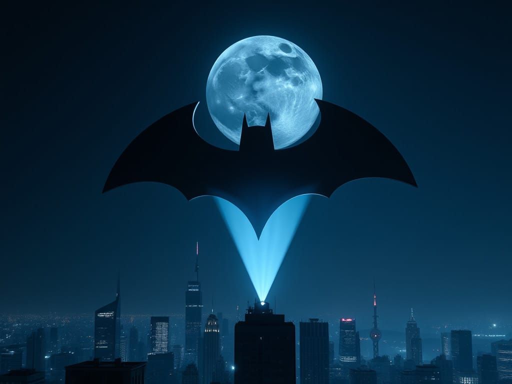 Batman Logo Illuminated by Bat-Signal in City Skyline