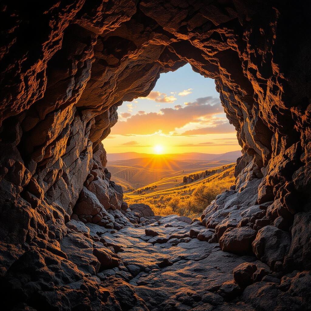 Cave Entrance Frames Golden Hour Landscape