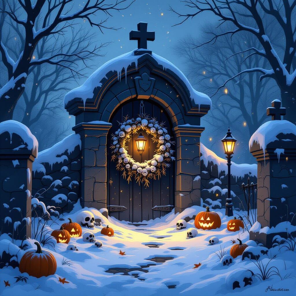 Halloween Crypt Covered in Snow with Bone Wreath