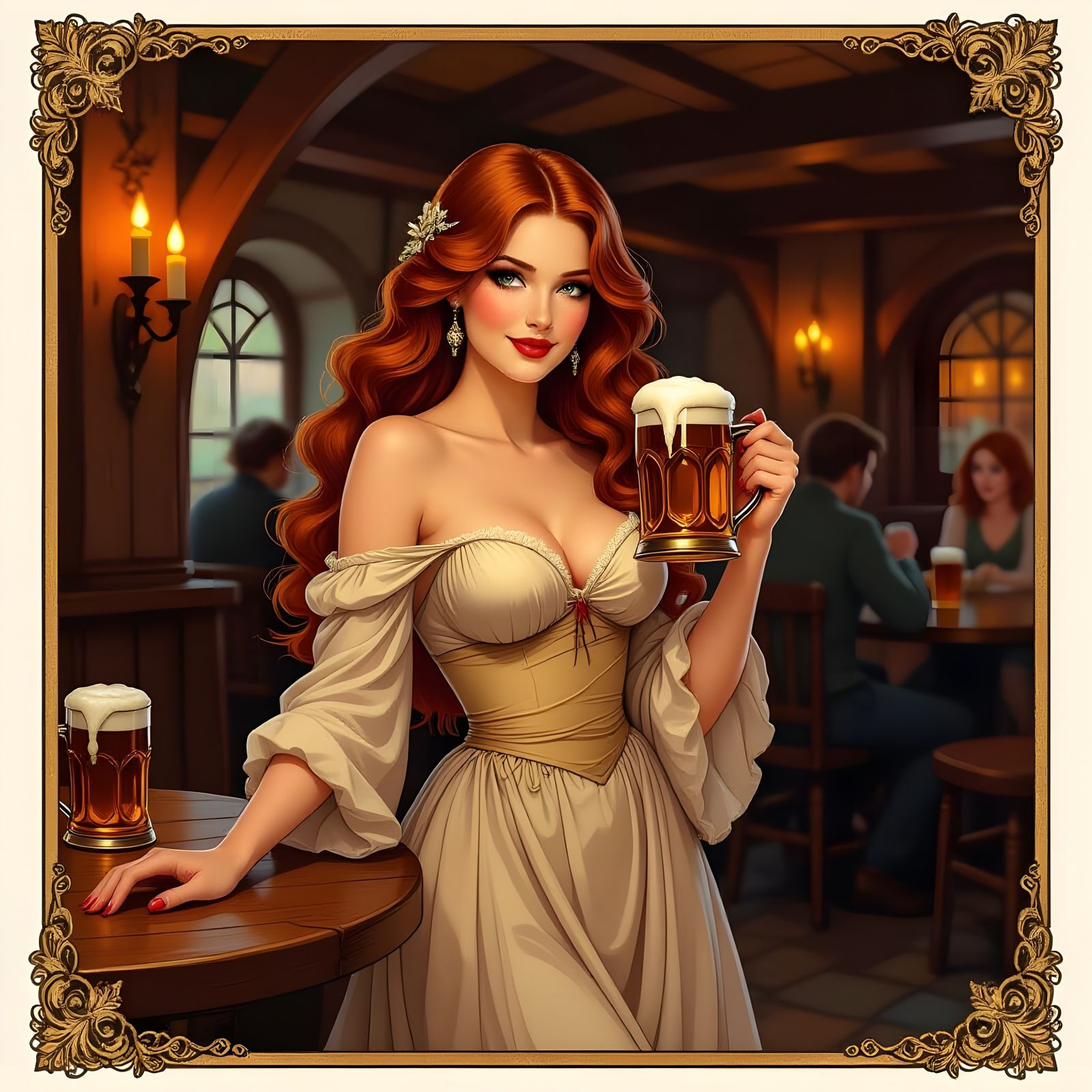 Art Nouveau Pin-Up Woman Enjoys Ale in Rustic Tavern