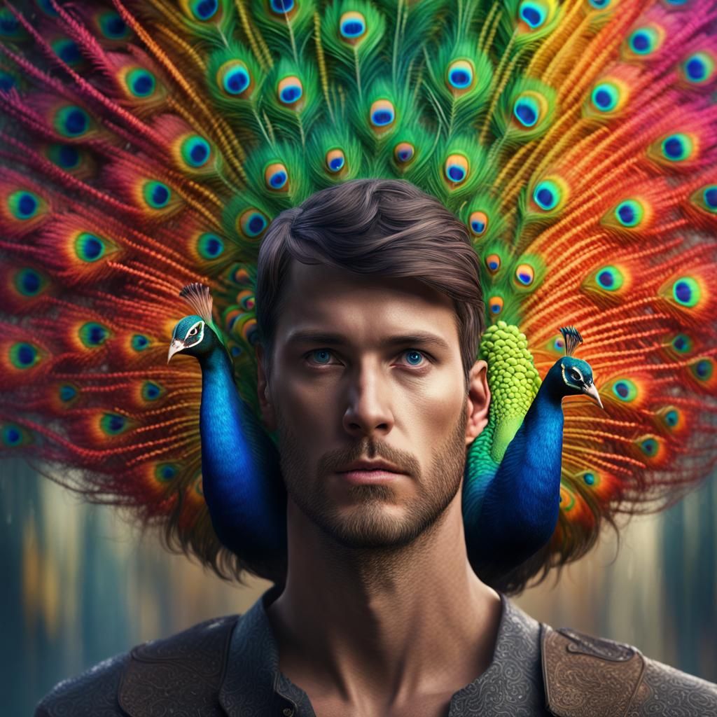 Rainbow Peacock Man: Detailed Matte Painting