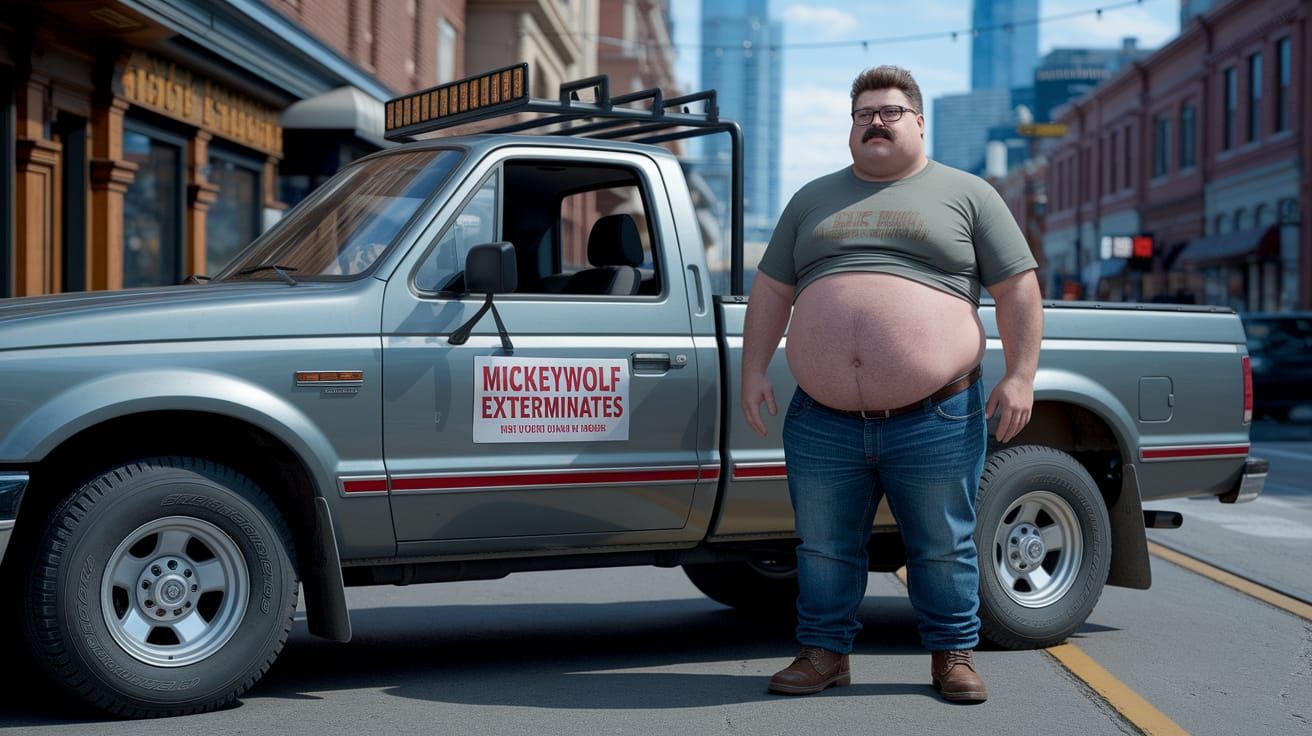 Realistic Chubby Man Standing Next to Pickup Truck with Sign