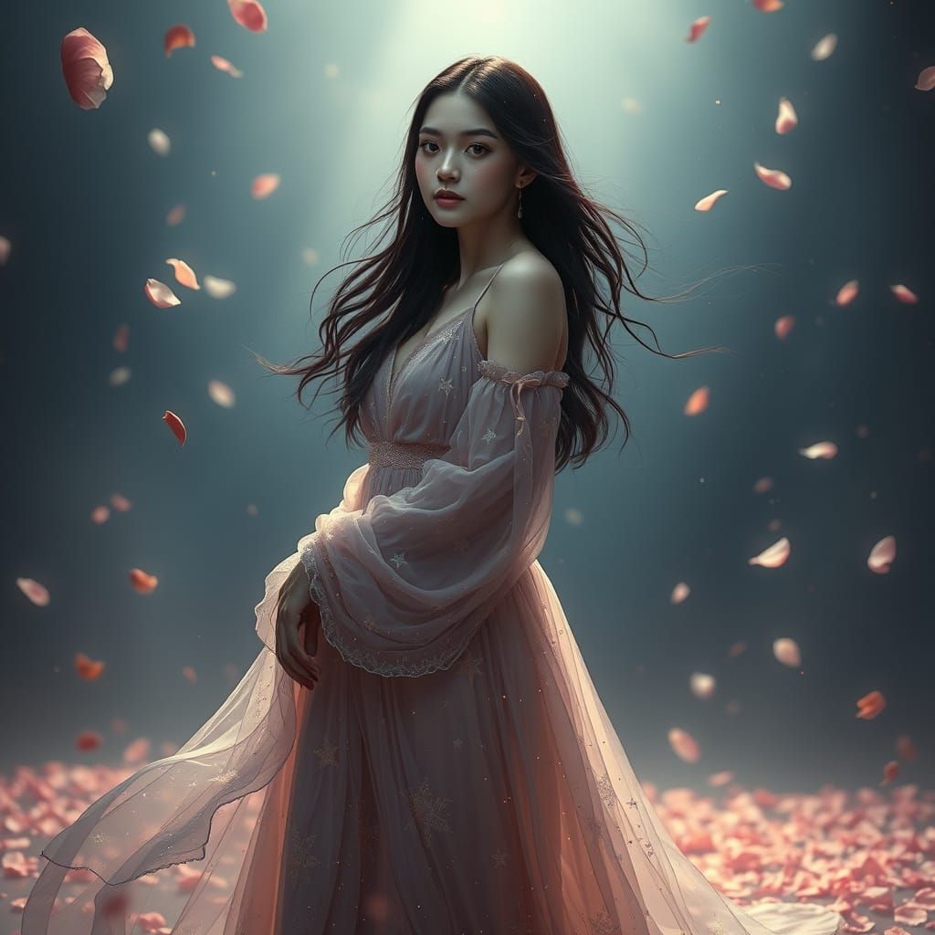 Ethereal Woman with Flowing Gown and Starry Eyes