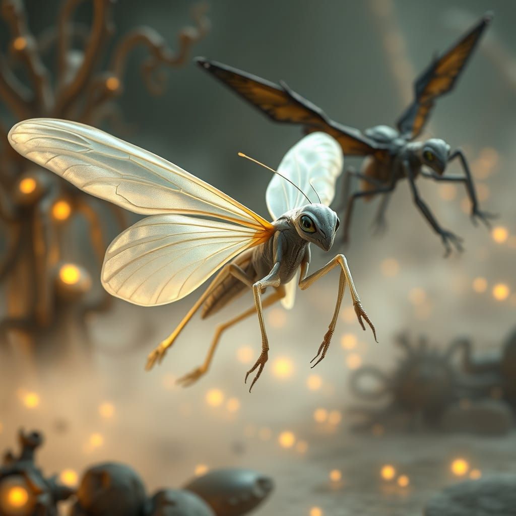 Elegant Alien Butterfly Creature in Bioluminescent Landscape