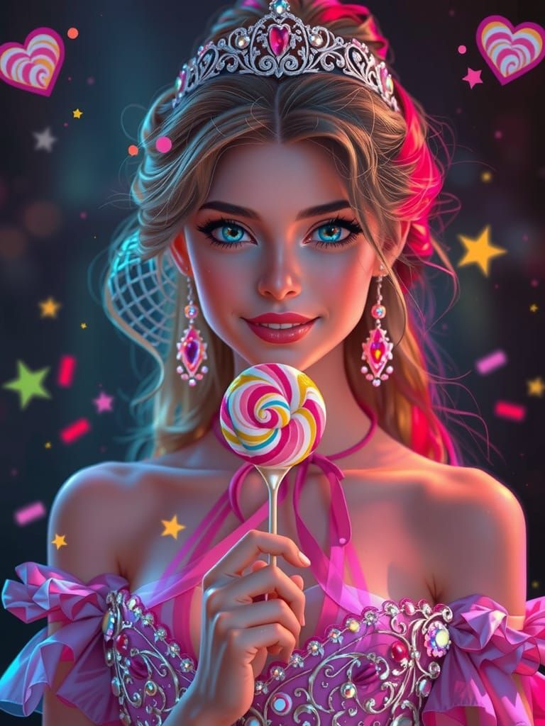 Whimsical Princess Surrounded by Colorful Candies in a Fairy...