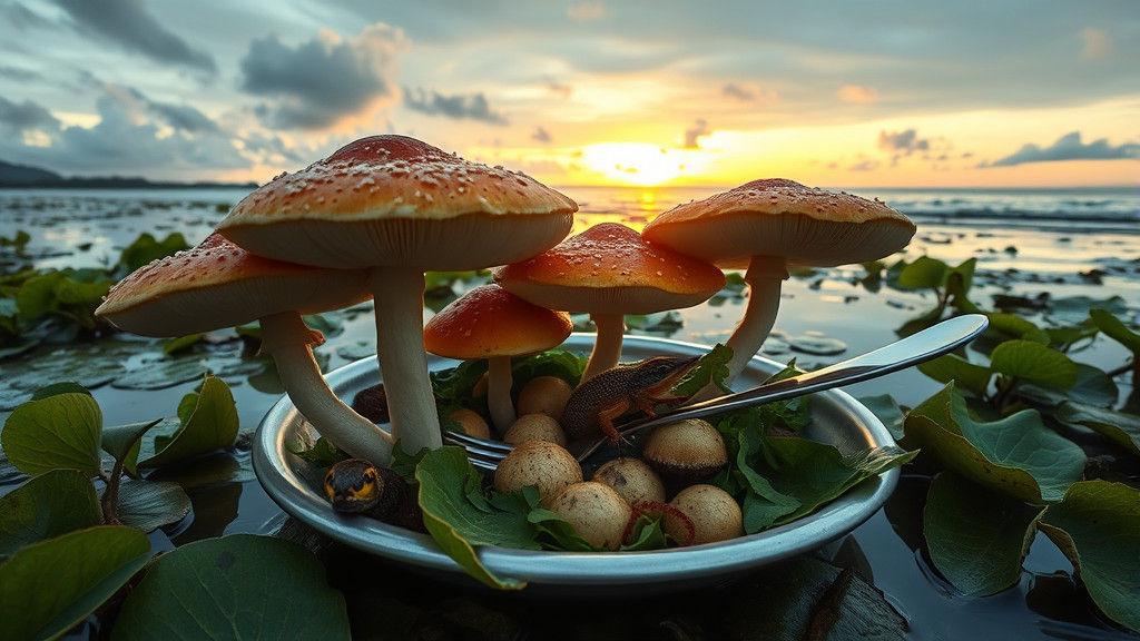 Surreal Sunset Scene with Giant Mushrooms