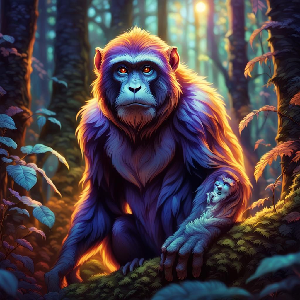 Translucent Primate Foraging in Bioluminescent Forest
