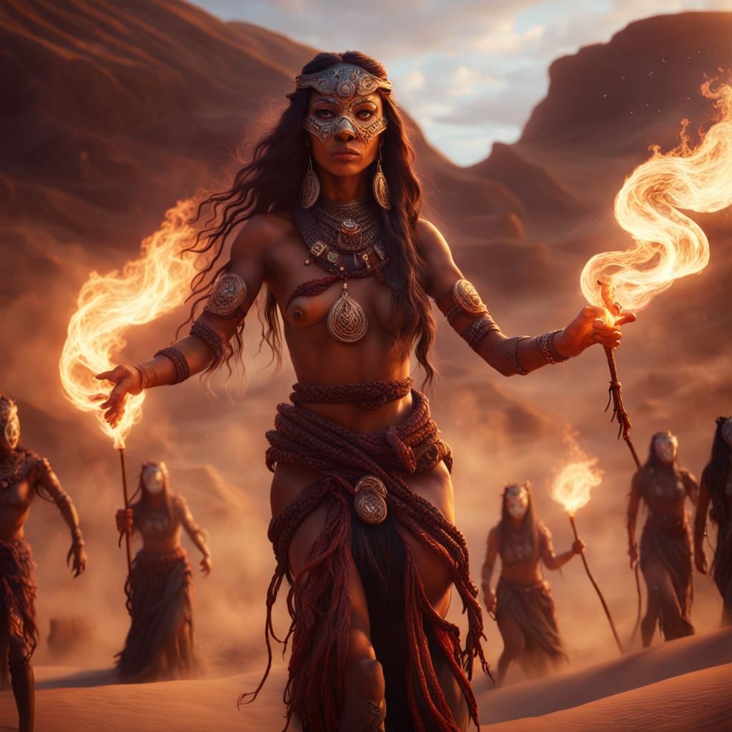 Taíno Woman's Fire Dance in Desert Landscape