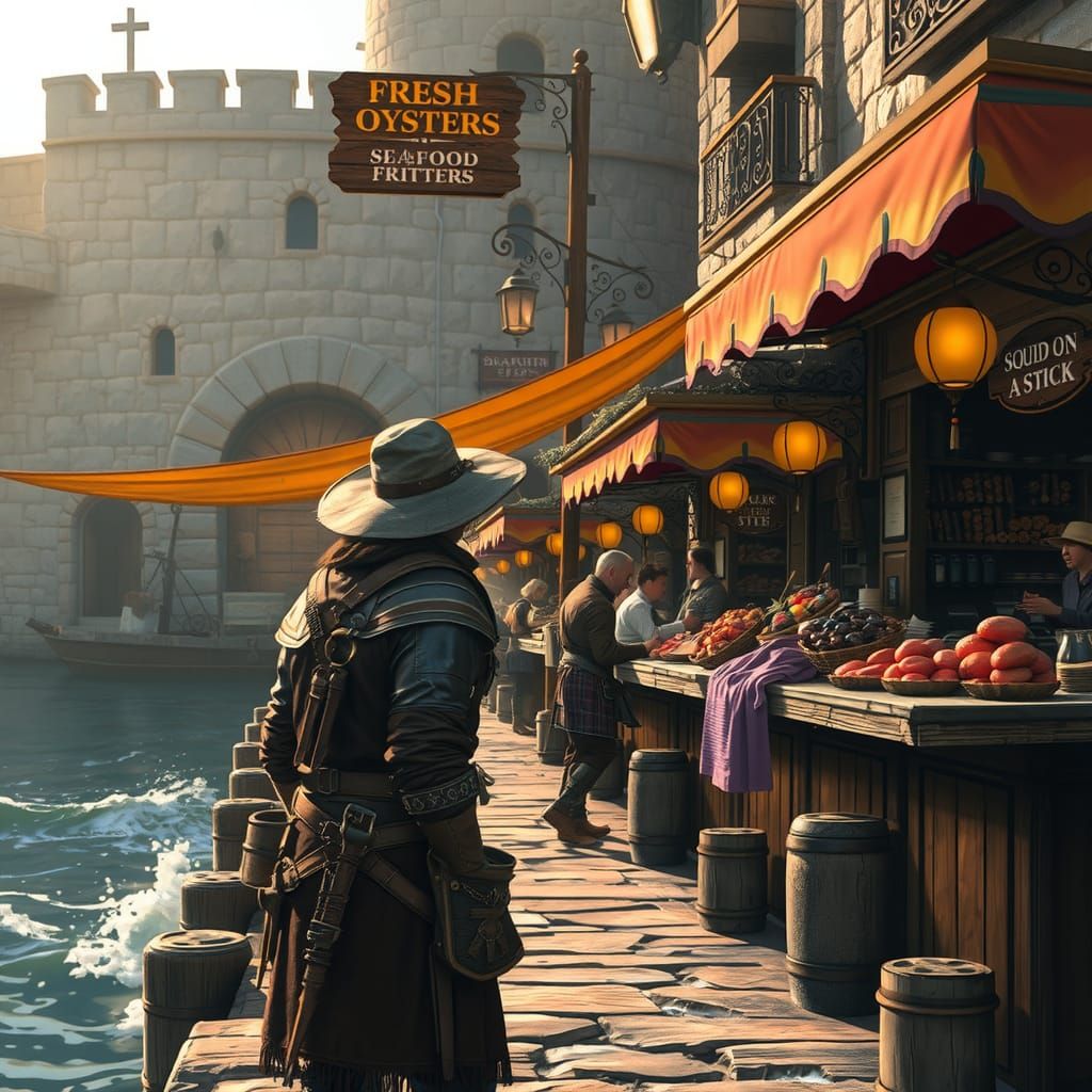 Vibrant Dockside Market Scene with Adventurer