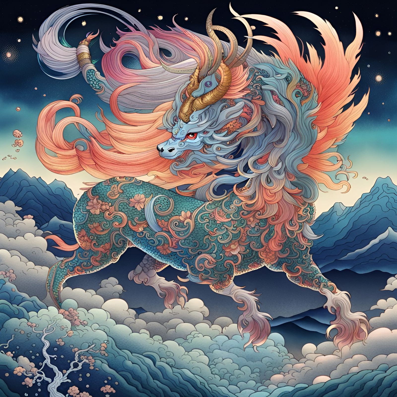 Bejeweled Kirin on Mountaintop in Ukiyo-e Style