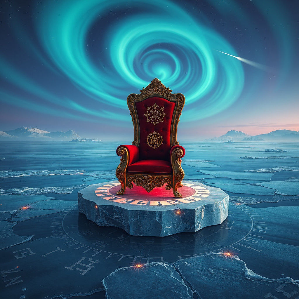 Crimson Chair on Ice Floe with Aurora Borealis